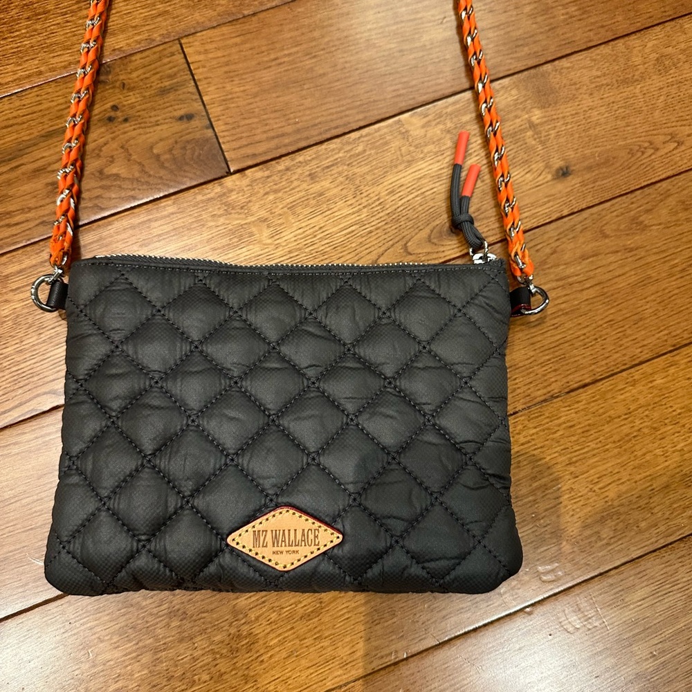 MZ Wallace Black Quilted Crossbody with Orange Strap Accents